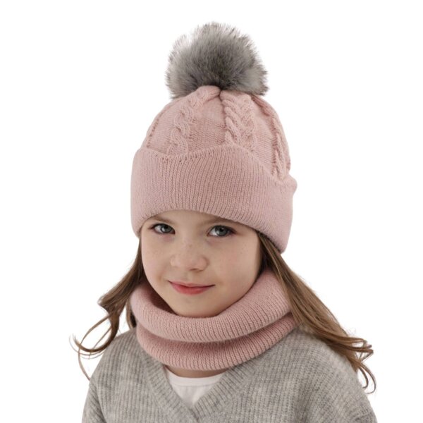 Зимний комплект для девочки: шапка с помпоном и труба розовая Etula