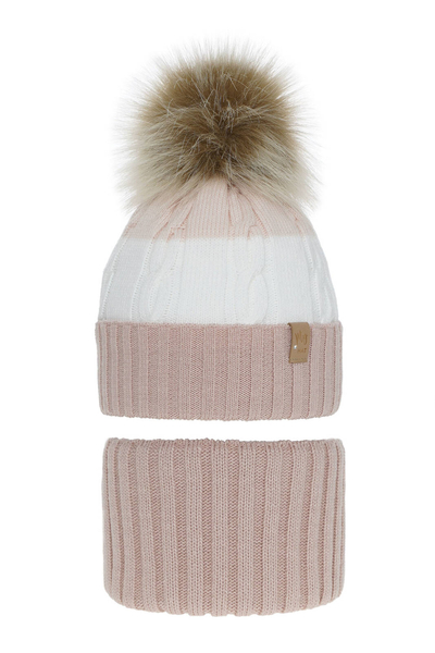 Зимний комплект для девочки: шапочка и труба розовая с помпоном Carmelita
