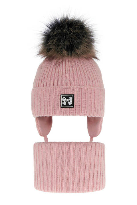 Зимний комплект для девочки: шапка и дымоход розового цвета с помпоном Kinia