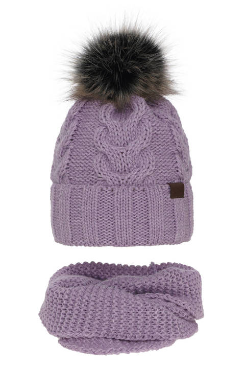 Зимний комплект для девочки: шапка и труба фиолетового цвета с помпоном Torina