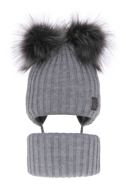Зимний комплект для девочки: шапка с двумя помпонами и серый дымоход Telisa