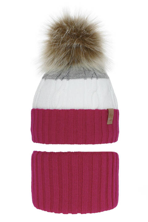 Зимний комплект для девочки: шапочка и труба розовая с помпоном Carmelita